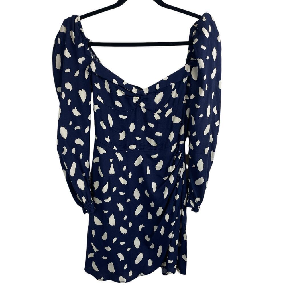 Reformation Cammi Long Sleeve Wrap Skirt Mini Dress Splatter Blue White Size 0